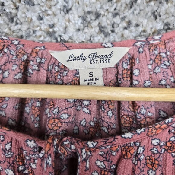 Lucky Brand Top Womens Small Pink Floral Print Boho Crinkle Gauze Neck Tie - Picture 6 of 7